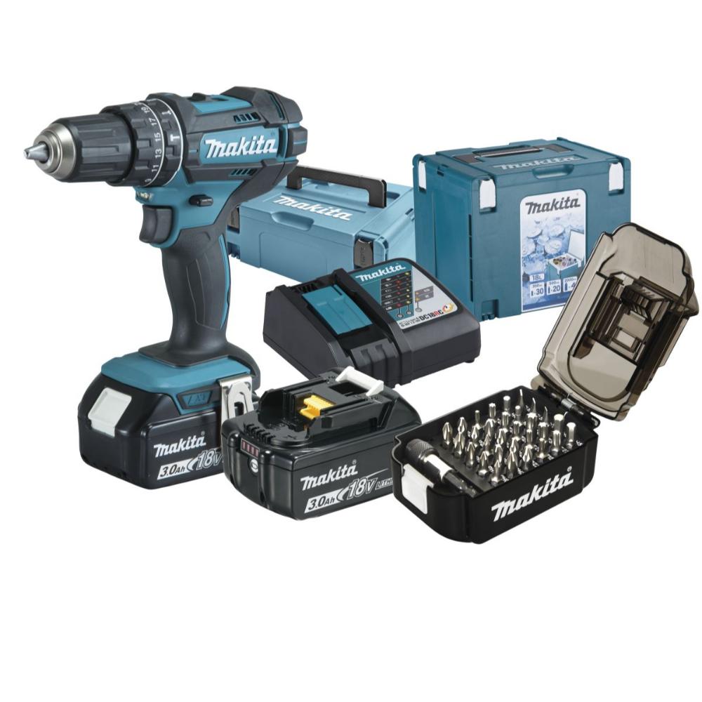 Makita Akku-Schlagbohrschrauber 18V / 3,0 Ah, 2 Akkus + Ladegerät + Bit-Set 31-teilig im MAKPAC