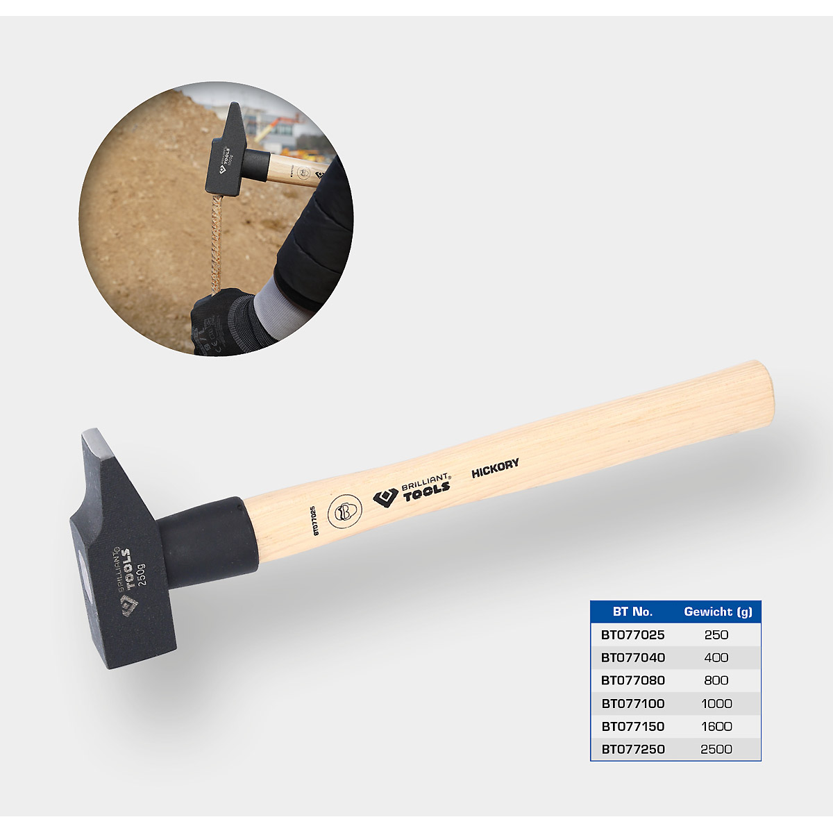 Brilliant Tools Schlosserhammer mit Hickory-Stiel, französische Form