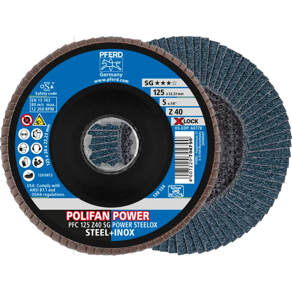 PFERD TOOLS POLIFAN POWER Fächerscheibe PFC X-LOCK konisch Zirkonkorund SG STEELOX Stahl/Edelstahl