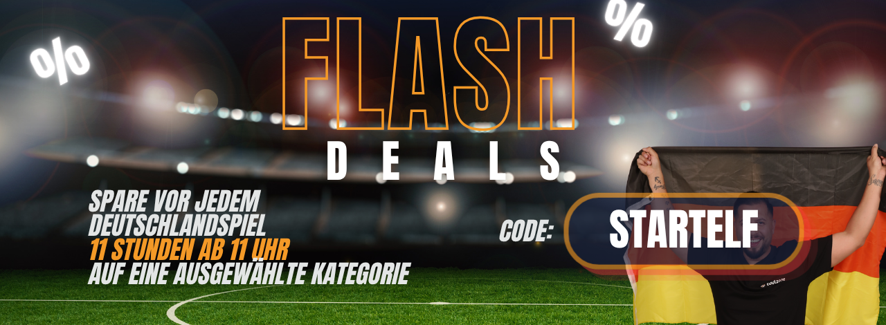 flash deals, promo banner, soccer stadium, Germany flag, player with flag