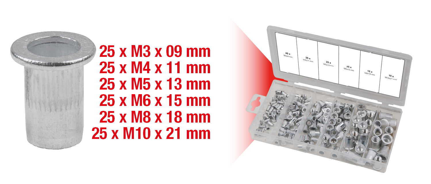 KS Tools Sortiment Gewindenieten, Aluminium, M3x9mm-M10x21mm, 150-tlg