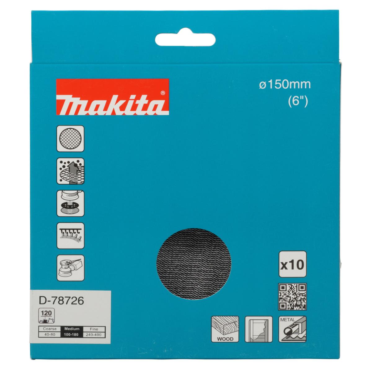 Makita Netzschleifmittel 150mm, Körnung A120,Klett, Gitter, 10 Stück