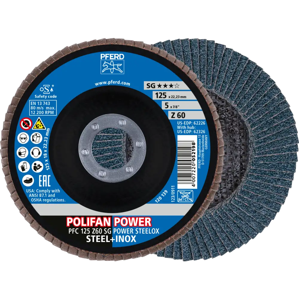 PFERD TOOLS Trenn-/Fächerscheiben-Set PFC 125 Z60 SG POWER / EHT 125-1,0 SG STEELOX für Stahl/Edelstahl