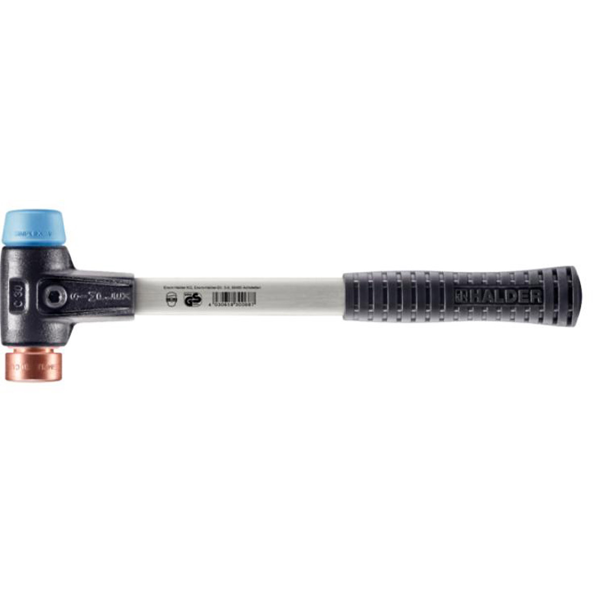HALDER SIMPLEX - Schonhammer mit verstärktem Tempergussgehäuse und Fiberglasstiel, TPE-soft / Kupfer