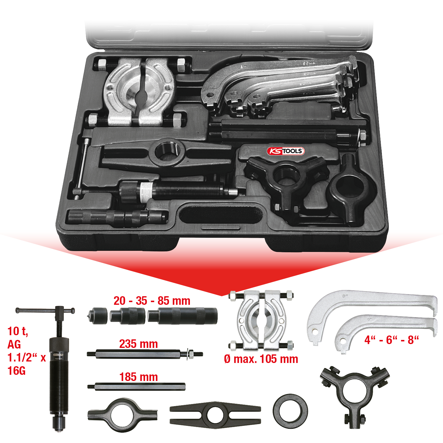 KS Tools Hydraulischer Abziehersatz 2-armig und 3-armig, 22-tlg