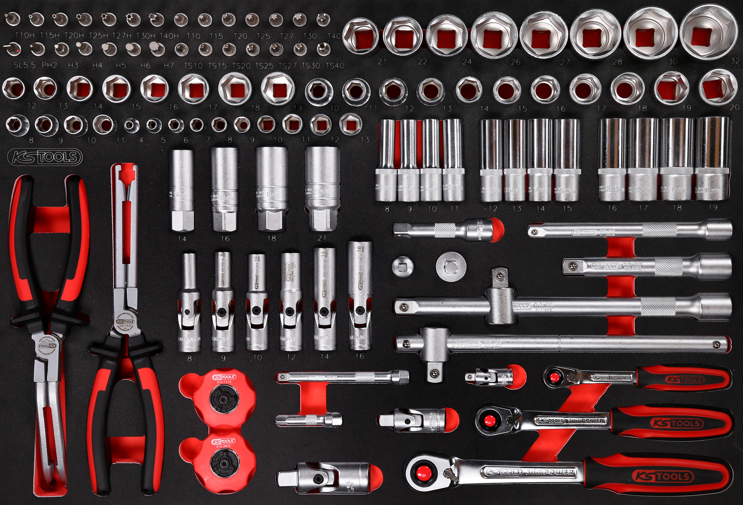 KS Tools 1-4'' + 3-8'' + 1-2'' Steckschlüssel-Satz in Schaumstoffeinlage, 111-tlg