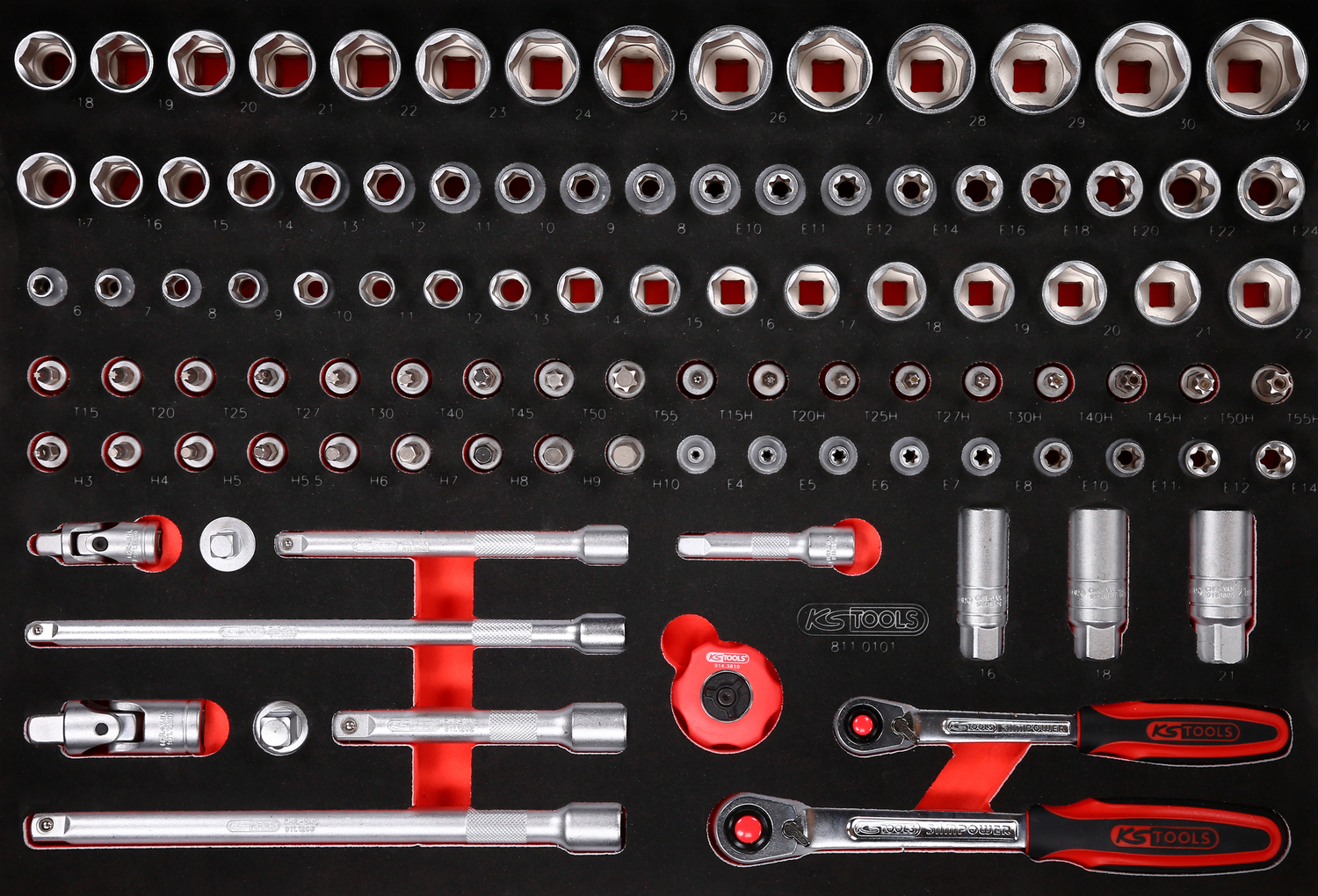 KS Tools 3-8'' + 1-2'' Steckschlüssel-Satz in Schaumstoffeinlage, 101-tlg