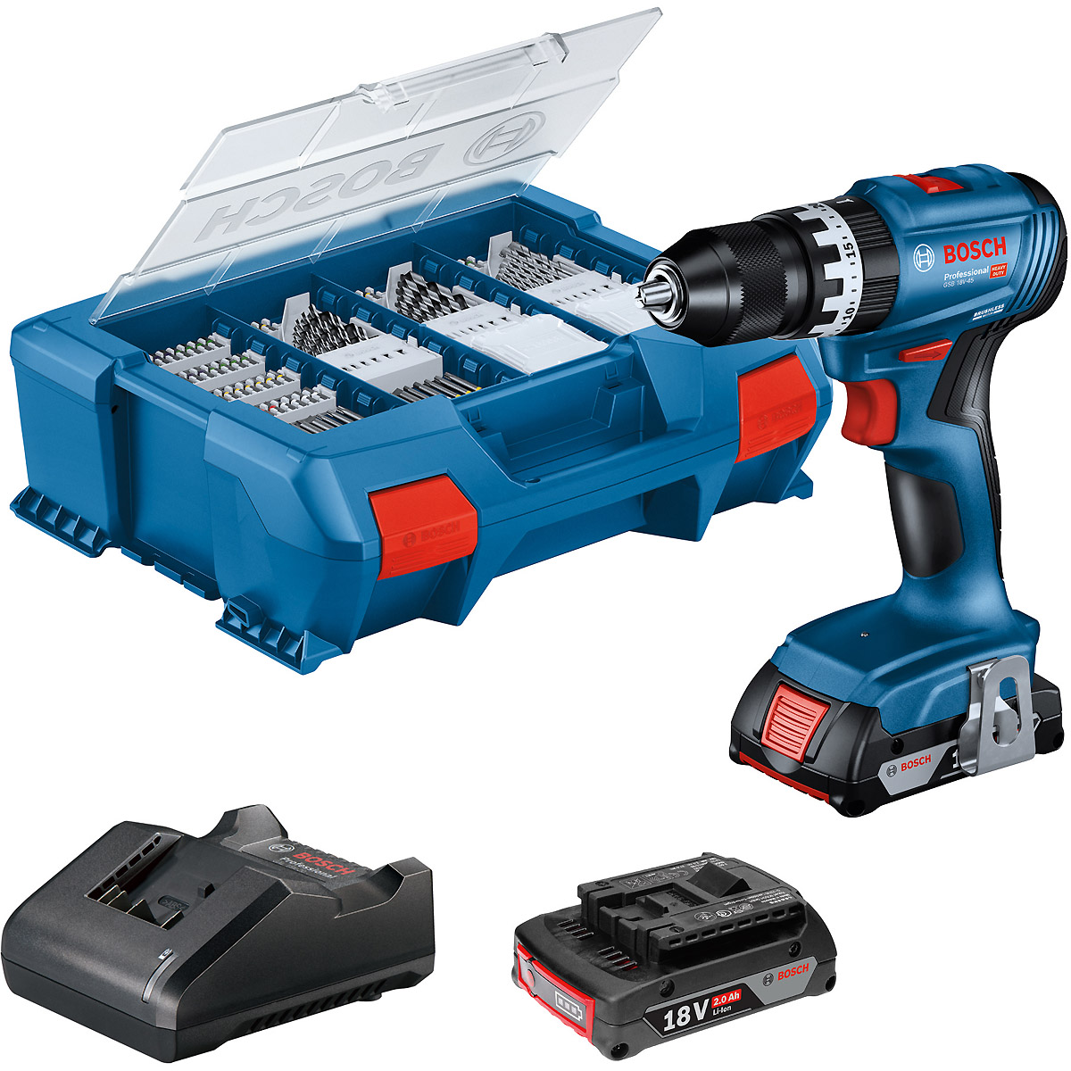 Bosch Akku-Schlagbohrschrauber GSB 18V-45, 2 x Akku GBA 18V 2.0Ah, Ladg. u. L-CASE
