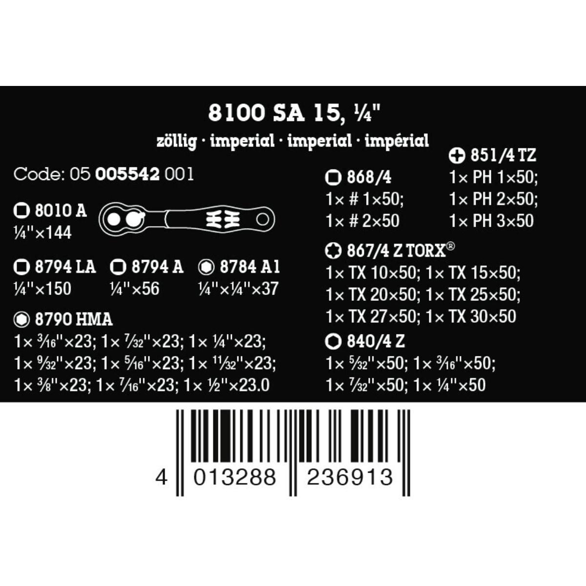 Wera 8100 SA 15 Zyklop Comfort Knarrensatz, Umschalthebel, 1/4"-Antrieb, zöllig , 28-teiliges Set