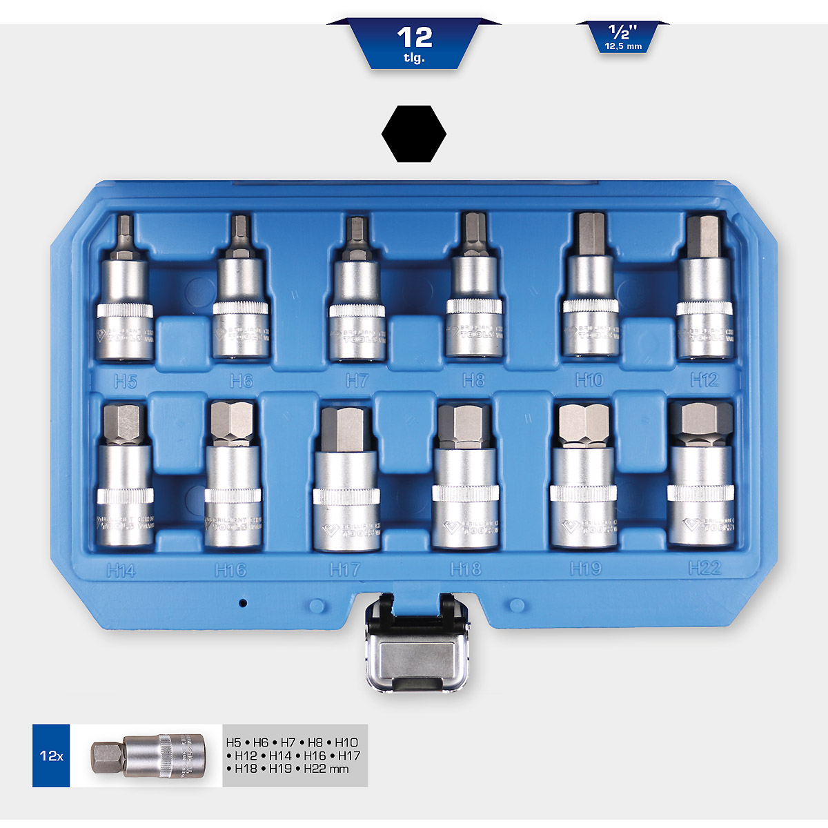 Brilliant Tools 1/2" Innensechskant Bit-Stecknuss-Satz, 12-tlg, 5 - 22 mm