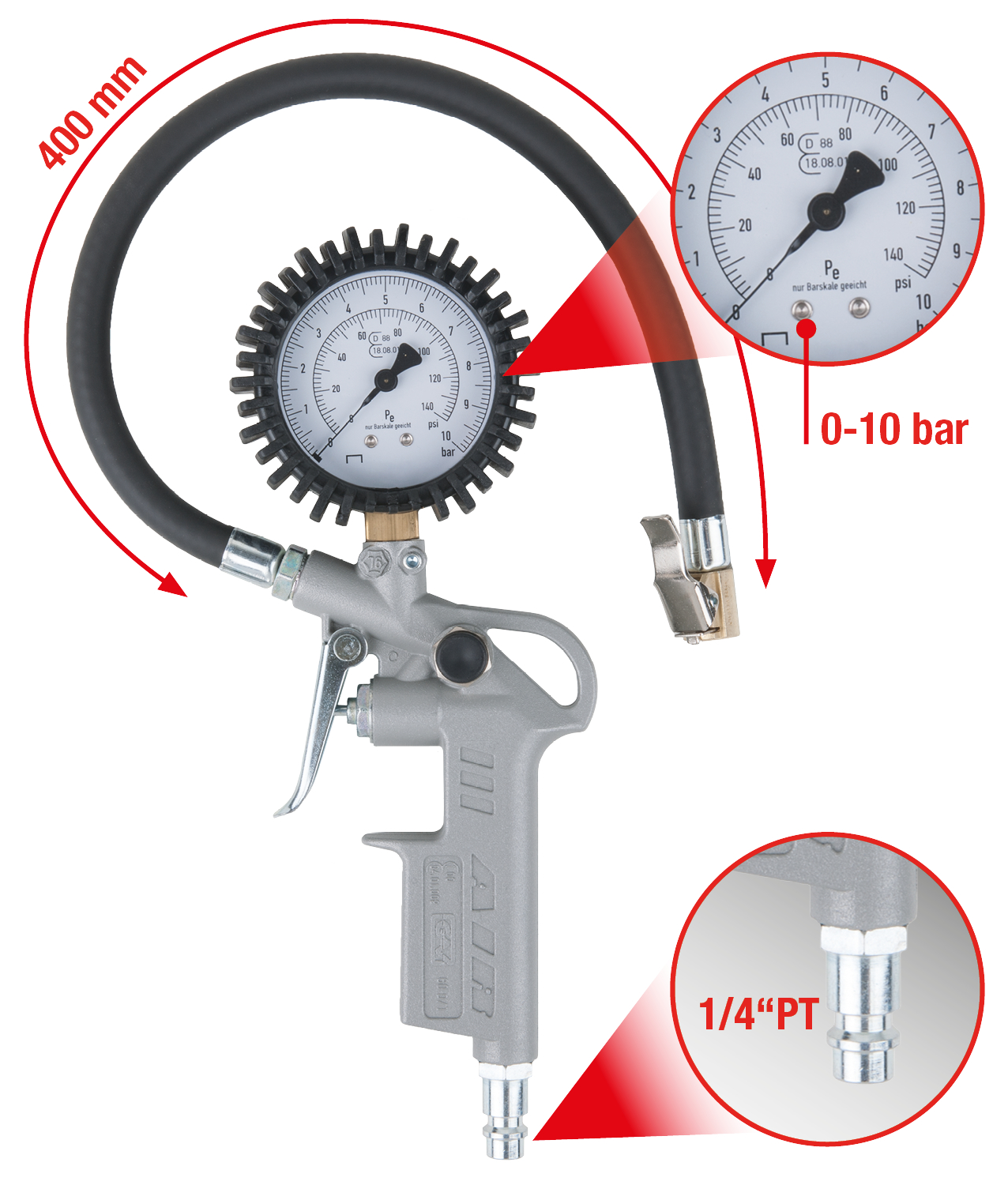 KS Tools Geeichter Druckluft-Reifenfüllmesser, 0-10 bar