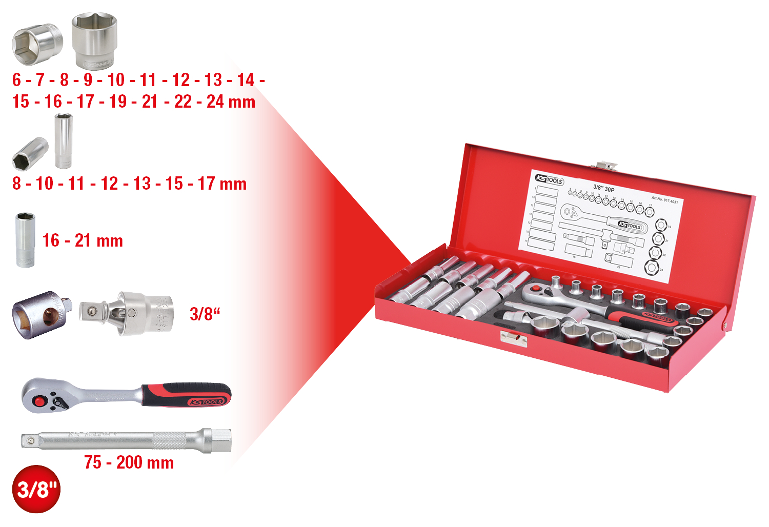 KS Tools 3/8" Steckschlüssel-Satz, 30-tlg