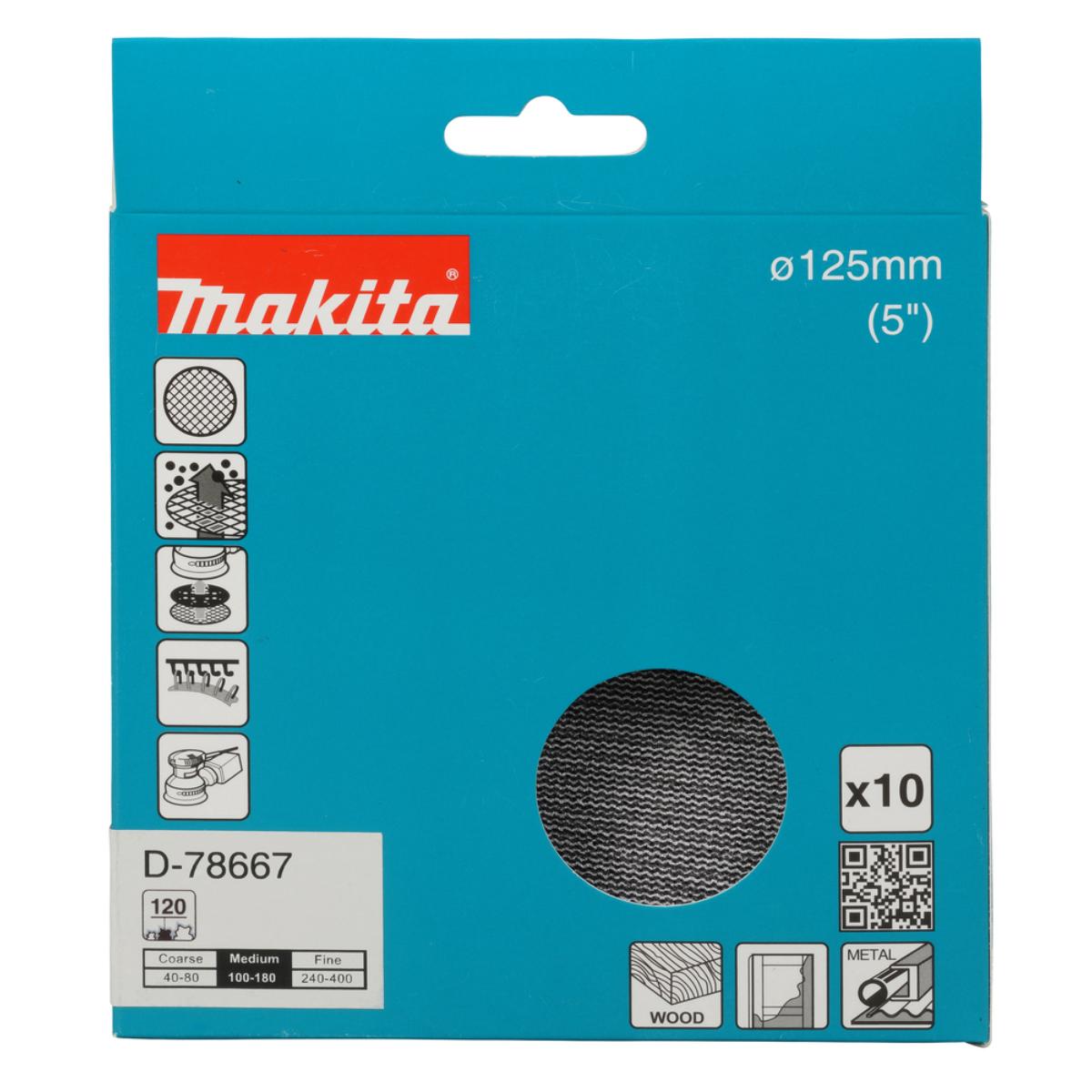 Makita Netzschleifmittel 125mm, Körnung A120,Klett, Gitter, 10 Stück