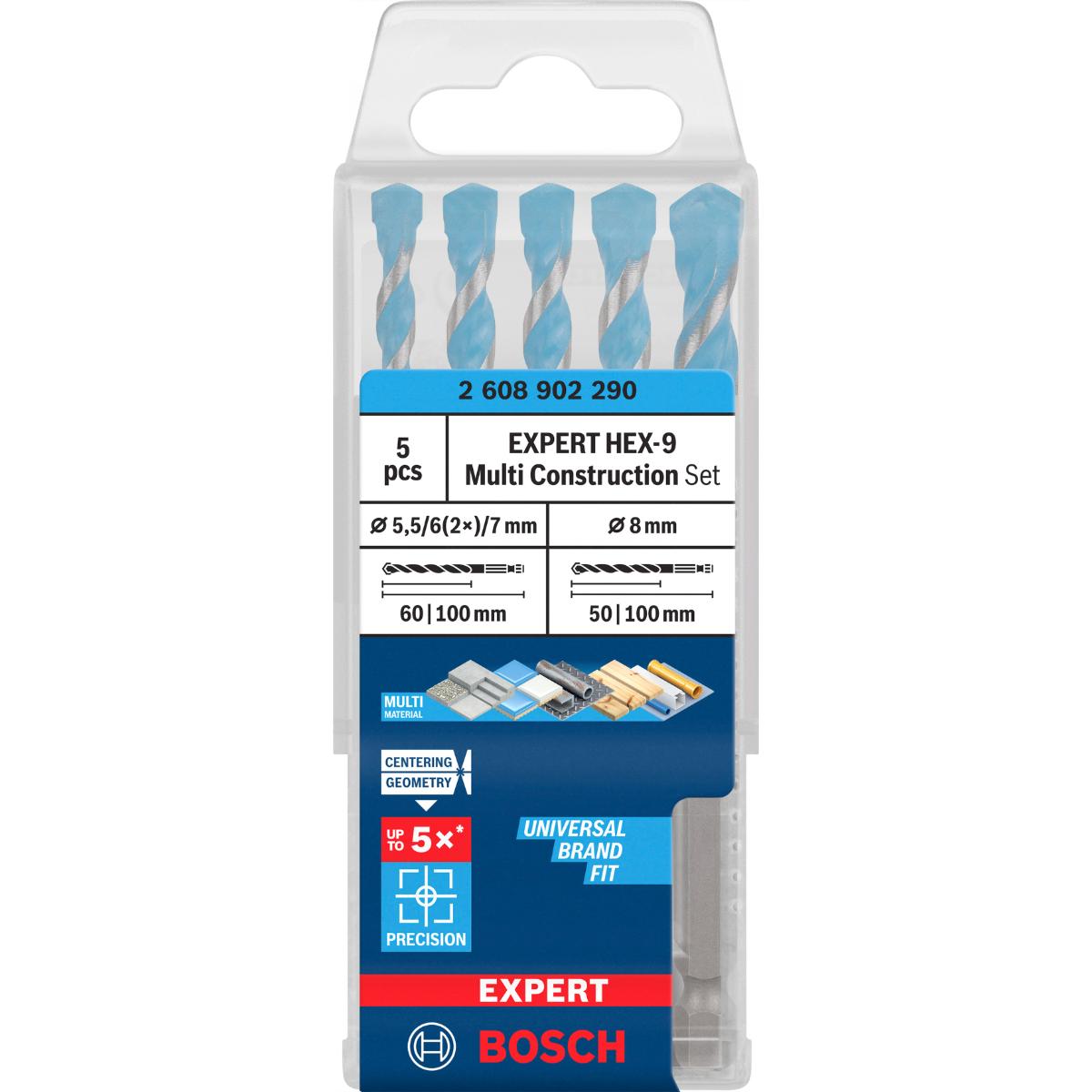 Bosch EXPERT HEX-9 Multi Construction Bohrer D= 5,5 / 6 / 6 / 7 / 8 mm, 5-teiliges Set