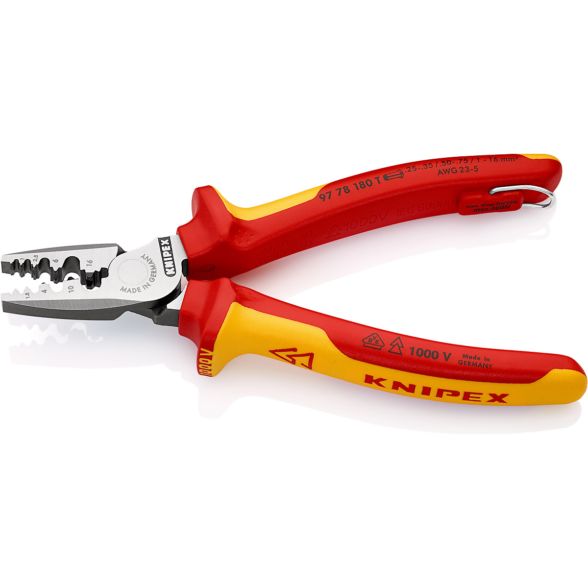 KNIPEX Crimpzange für Aderendhülsen 180 mm isoliert, VDE-geprüft mit Befestigungsöse