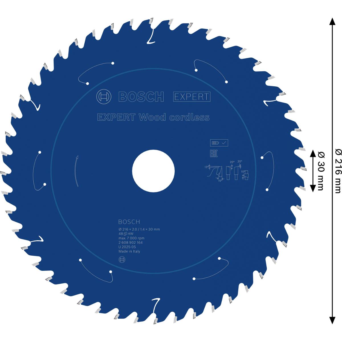 Bosch EXPERT Wood Kreissägeblatt, 216x1,7x30 mm, Z48, Spanwinkel 15°
