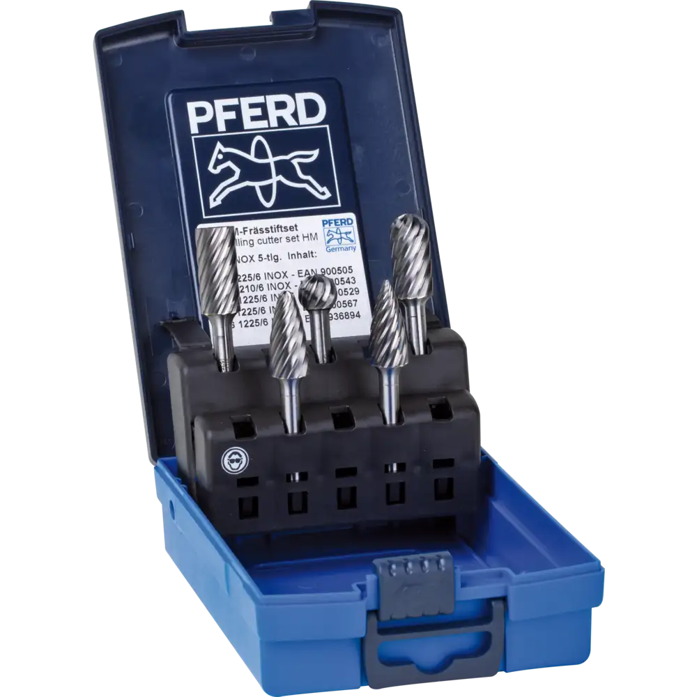 PFERD TOOLS Hartmetall Hochleistungsfrässtift Set INOX 5-tlg. Schaft-Ø 6 mm für Edelstahl
