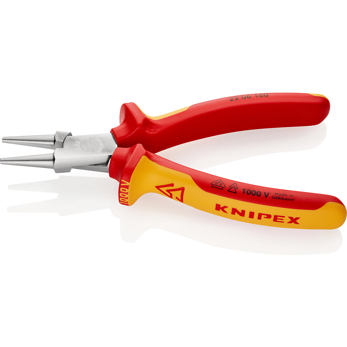 KNIPEX Rundzange 160 mm verchromt isoliert mit Mehrkomponenten-Hüllen, VDE-geprüft