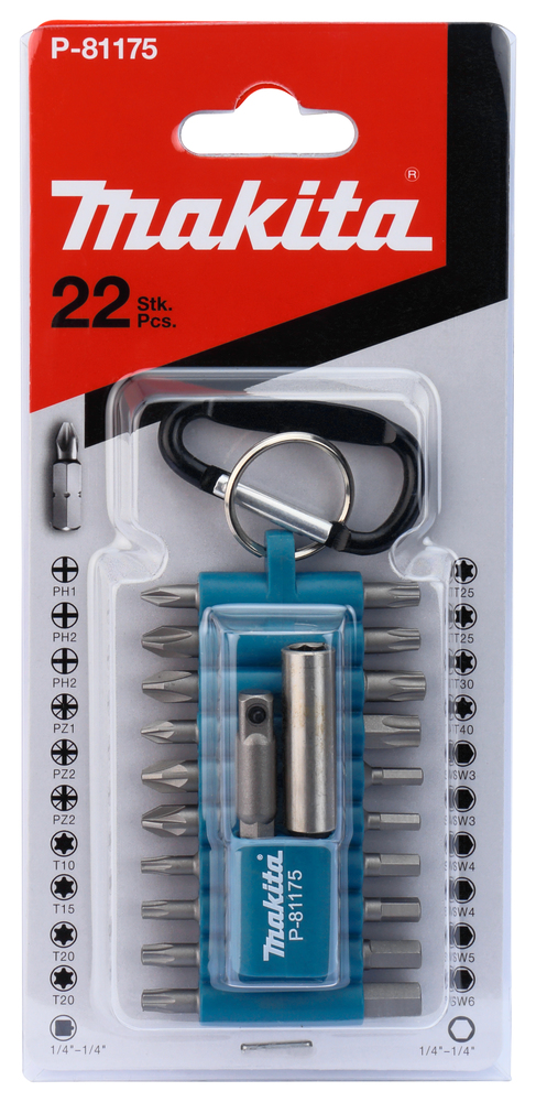 Makita Bit-Set mit Karabiner, 22-teilig - PH, PZ, T, 6-kant   - P-81175