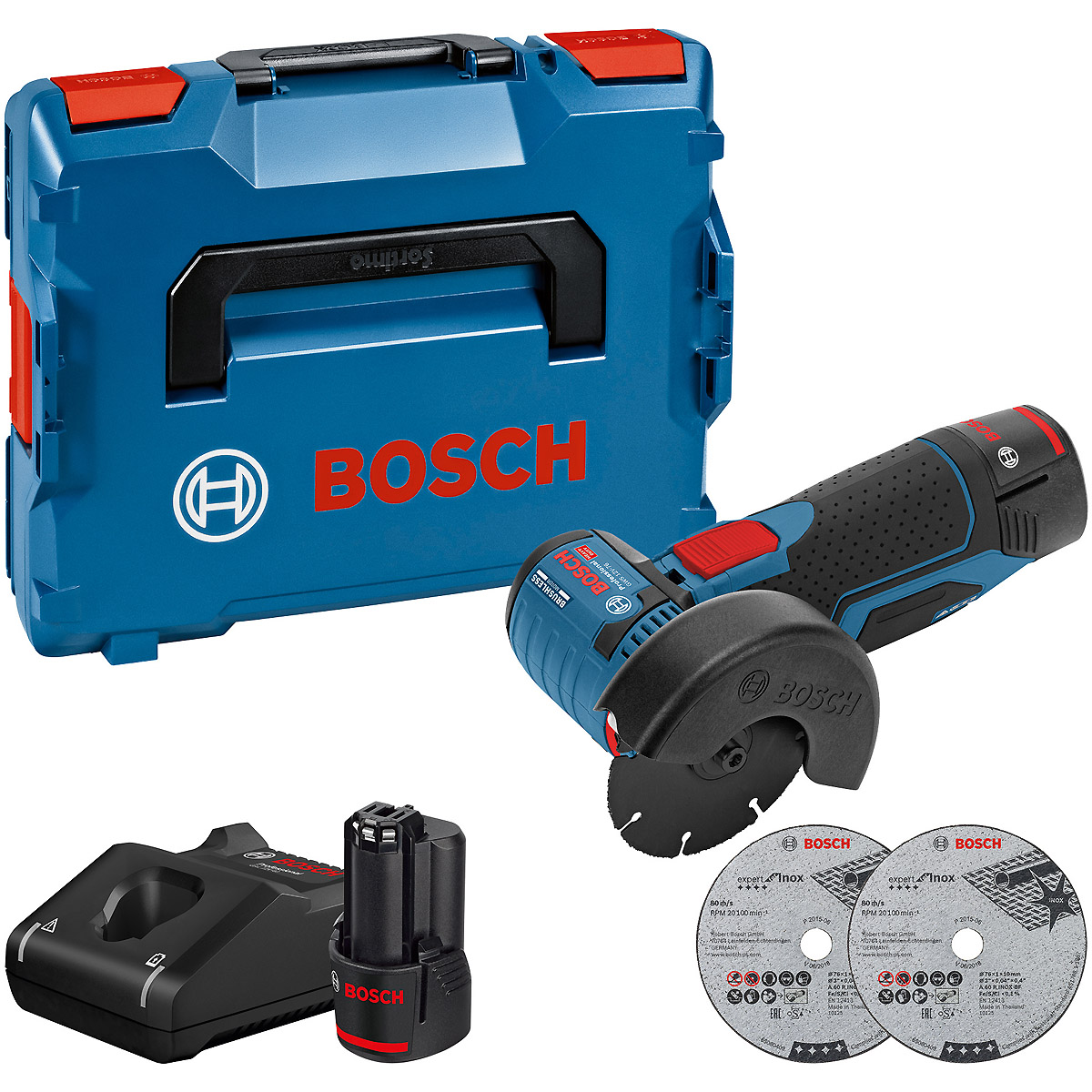 Bosch Akku-Winkelschleifer GWS 12V-76, mit 2 x 3.0 Ah Li-Ion Akku