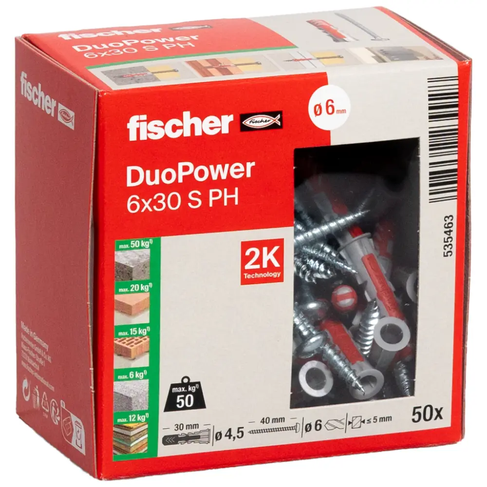 Fischer Universaldübel DuoPower 6x30 S PH mit Schraube Panhead