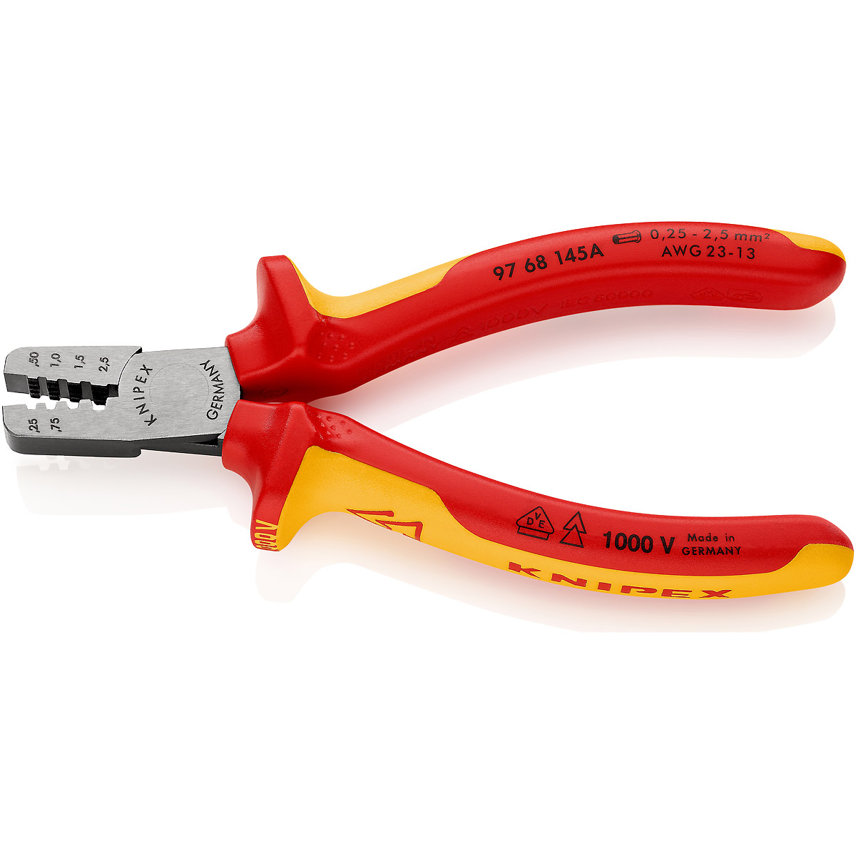 KNIPEX Crimpzange für Aderendhülsen 145 mm isoliert mit Mehrkomponenten-Hüllen, VDE-geprüft poliert