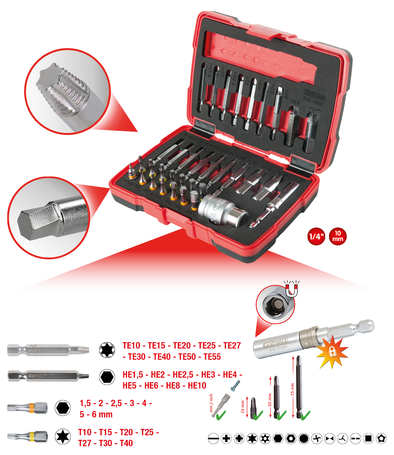 KS Tools 1/4" + 10 mm Torx- und Innensechskant-Schrauben-Ausdreher-Satz, 34-tlg