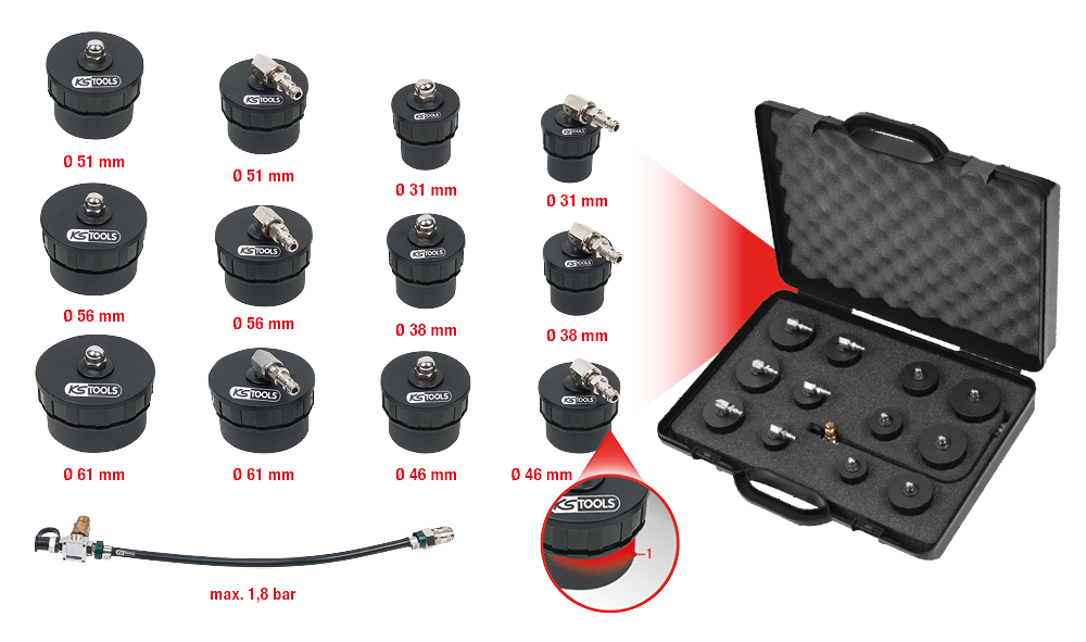 KS Tools Turbolader-Bajonett-Ladeluft-System-Prüfkoffer-Satz, 13-tlg