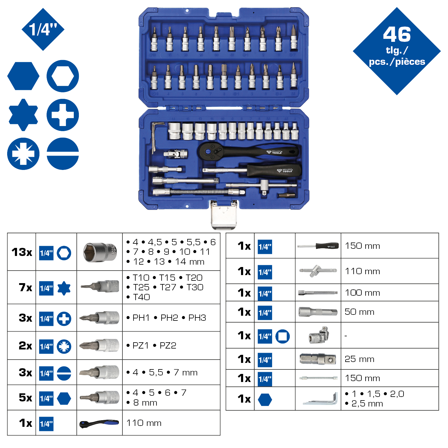 Brilliant Tools 1/4" Steckschlüssel-Satz, 46-tlg - BT020046
