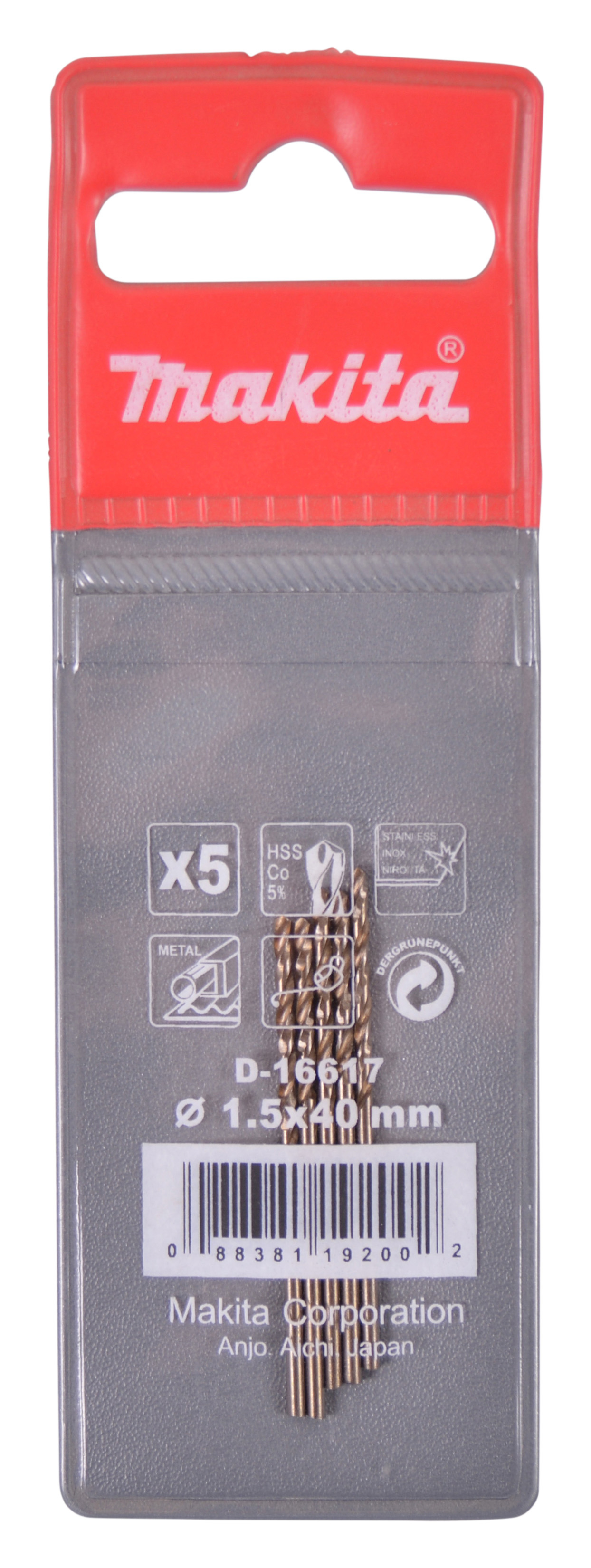 Makita HSS Co Metallbohrer, Ø 1,5mm - Länge 40mm - 5 Stück - D-16617