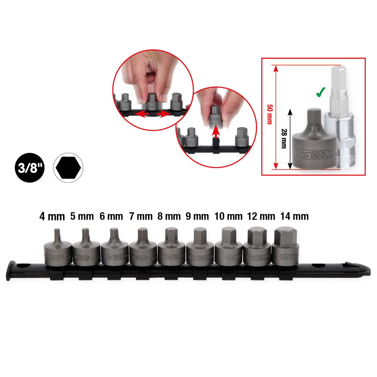 KS Tools 3/8 Zoll Bit-Stecknuss-Satz Innensechskant, kurz, 9-tlg, 4-14mm