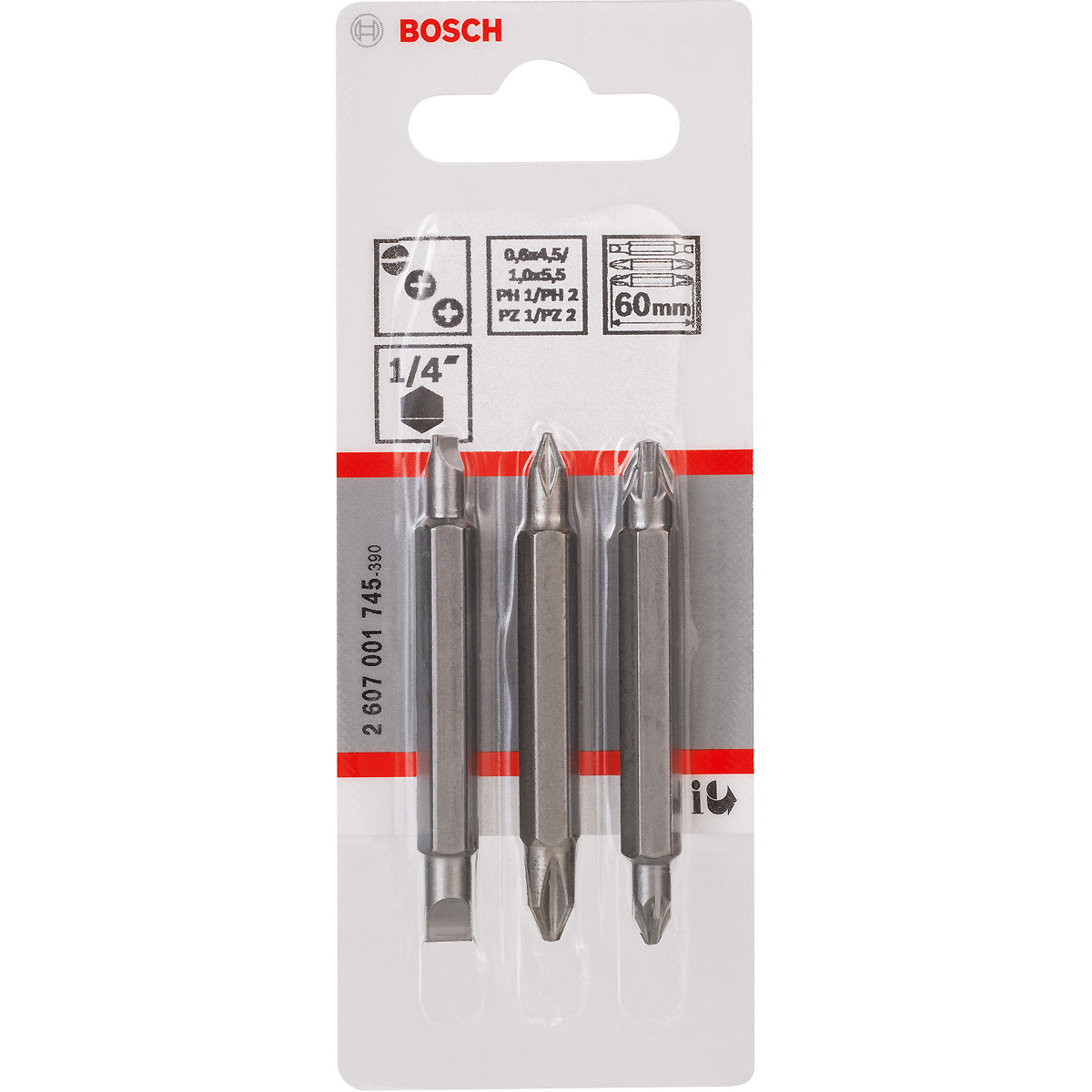 Bosch Doppelklingenbit-Set, 3-teilig, PH1, PZ1, S 0,6x4,5, PH2, PZ2, S 1,0x5,5, 60 mm