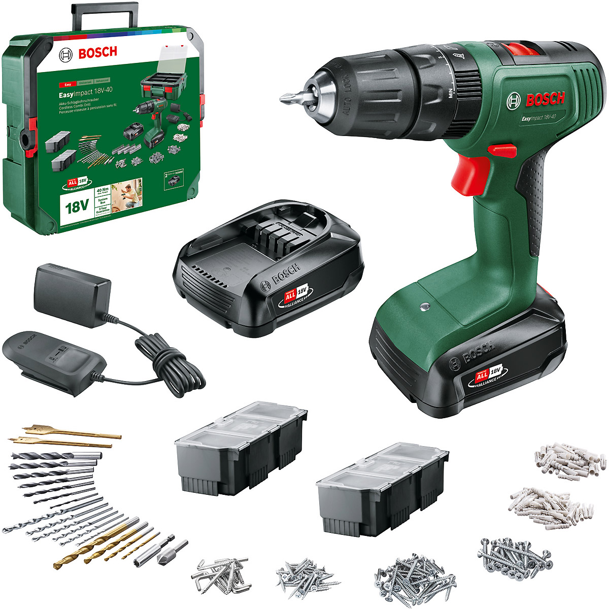 Bosch Akku-Bohrschrauber EasyImpact 18V-40, 2 x Akku PBA 18V 1.5Ah + SystemBox