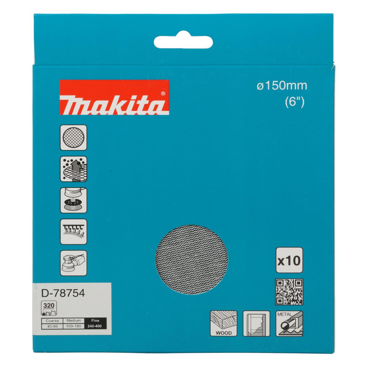 Makita Netzschleifmittel 150mm, Körnung A320,Klett, Gitter, 10 Stück
