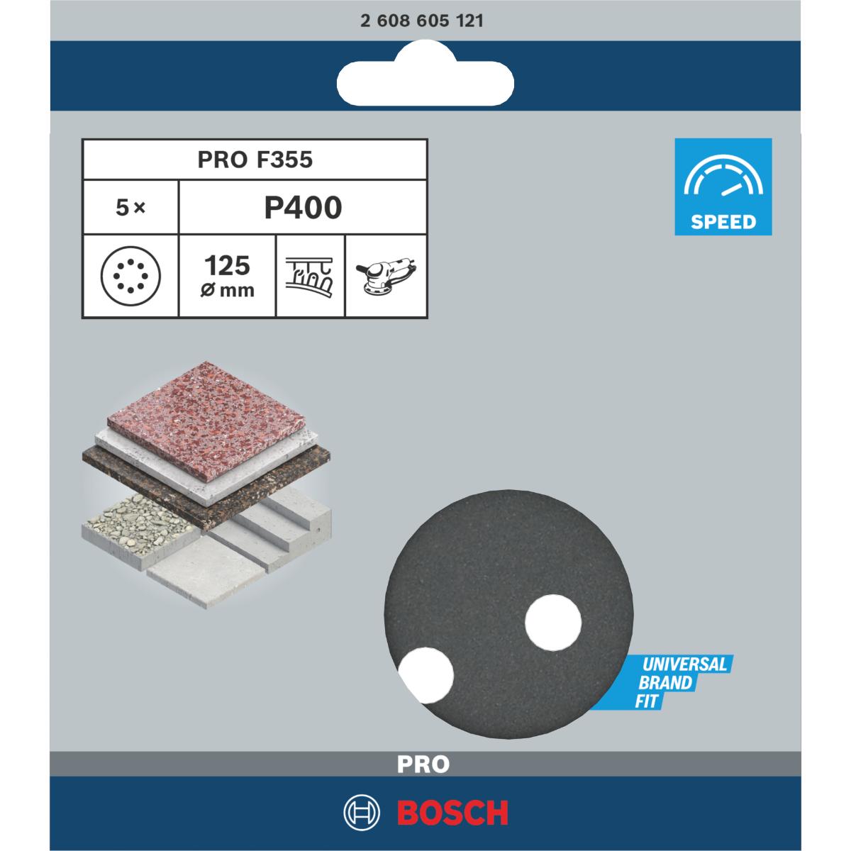 Bosch PRO Schleifblatt F355, 125 mm, 8 Löcher, Klett, 5er-Pack