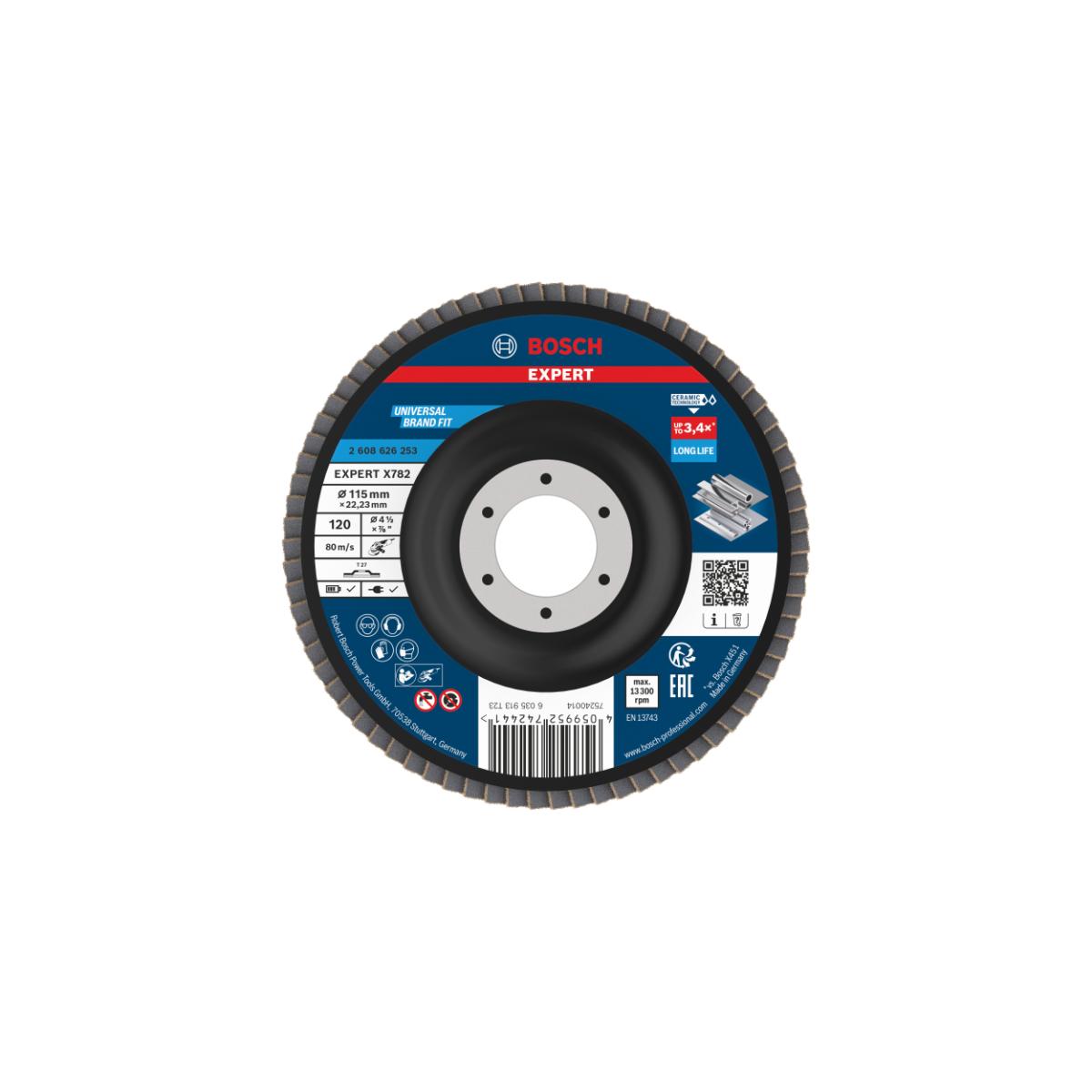 Bosch EXPERT X782 Fächerschleifscheibe Kunststoff, gerade, 115 mm, K120, Bohrung 22,23 mm
