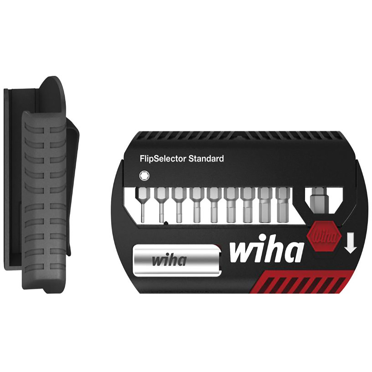 Wiha Bit Set FlipSelector Standard 25 mm Sechskant 11-teilges Set 1/4 zoll C6,3 mit Gürtelclip