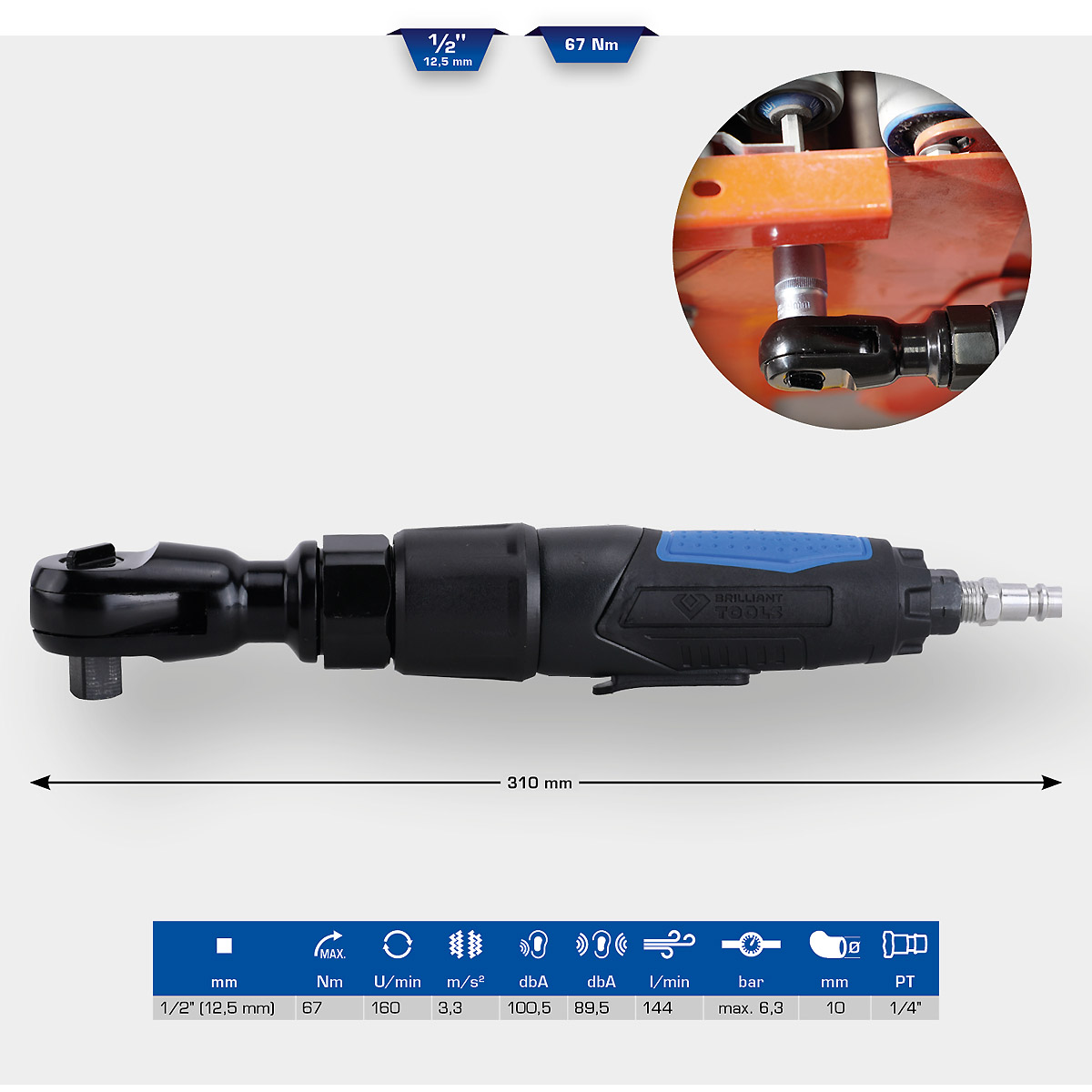 Brilliant Tools 1/2" Druckluft-Ratsche, 67 Nm