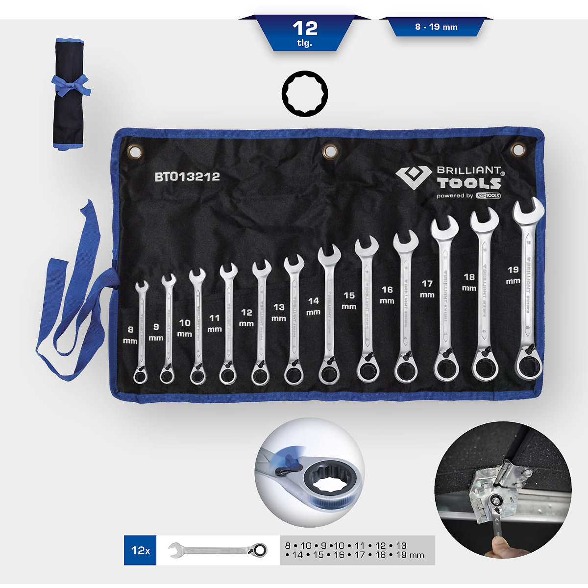 Brilliant Tools Ratschenringschlüssel-Satz, 12-tlg, umschaltbar, 8 - 19 mm