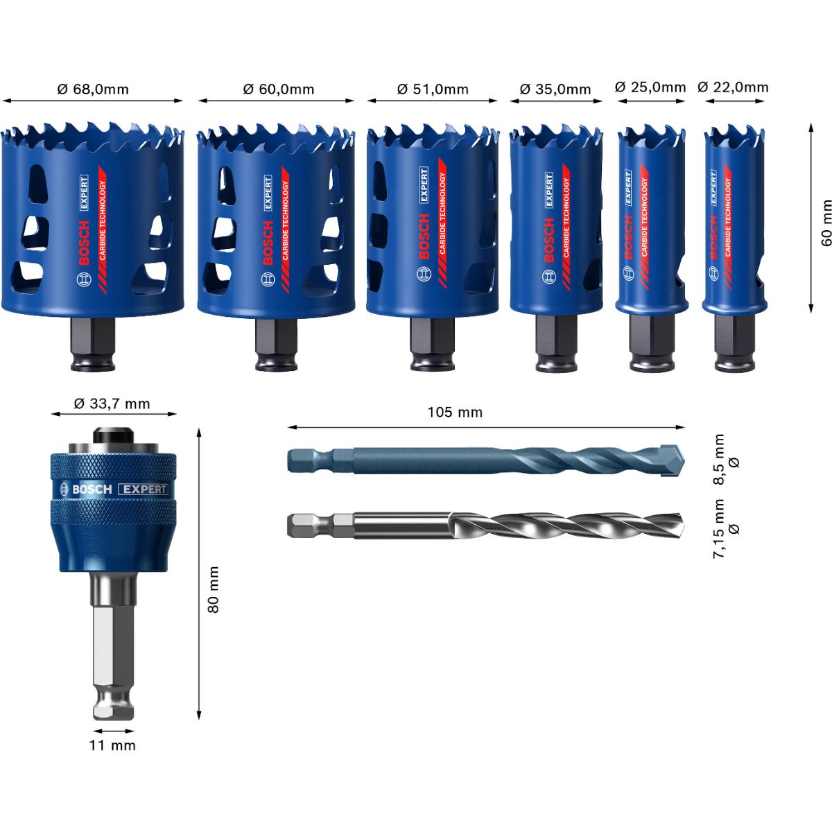 Bosch EXPERT Multi Material Power Change Plus-Lochsäge, 22/25/35/51/60/68x60 mm,9-teiliges Set