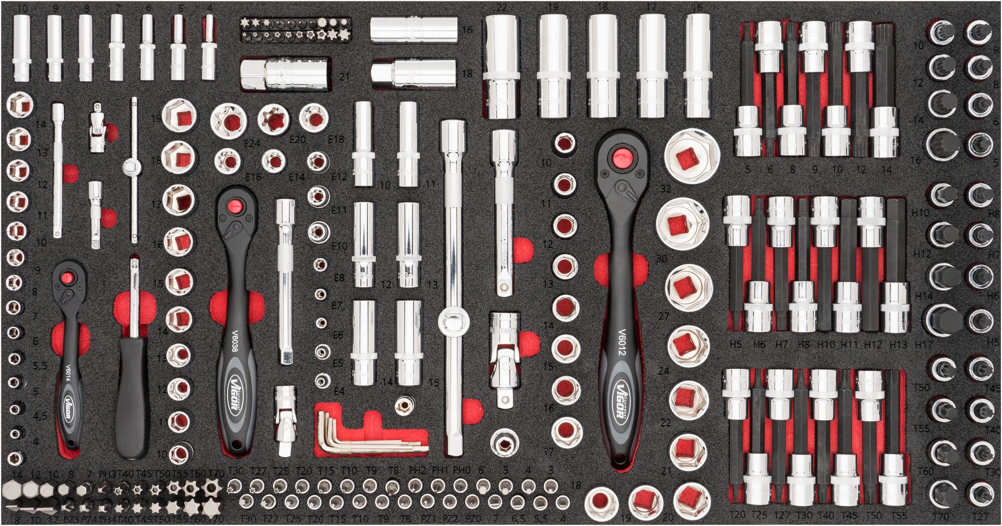 VIGOR Steckschlüssel-Werkzeug Satz für Series XL, V4586, Sechskant6,3 (1/4 Zoll), Vierkant6,3 mm (1/