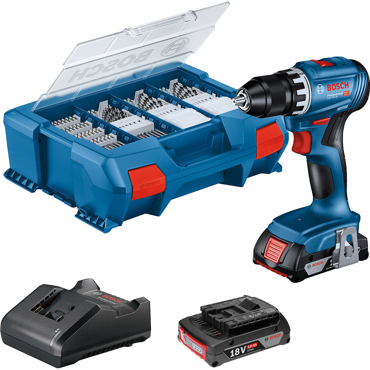 Bosch Akku-Bohrschrauber GSR 18V-45, 2 Akku GBA 18V 2.0Ah, Ladg. u. L-CASE