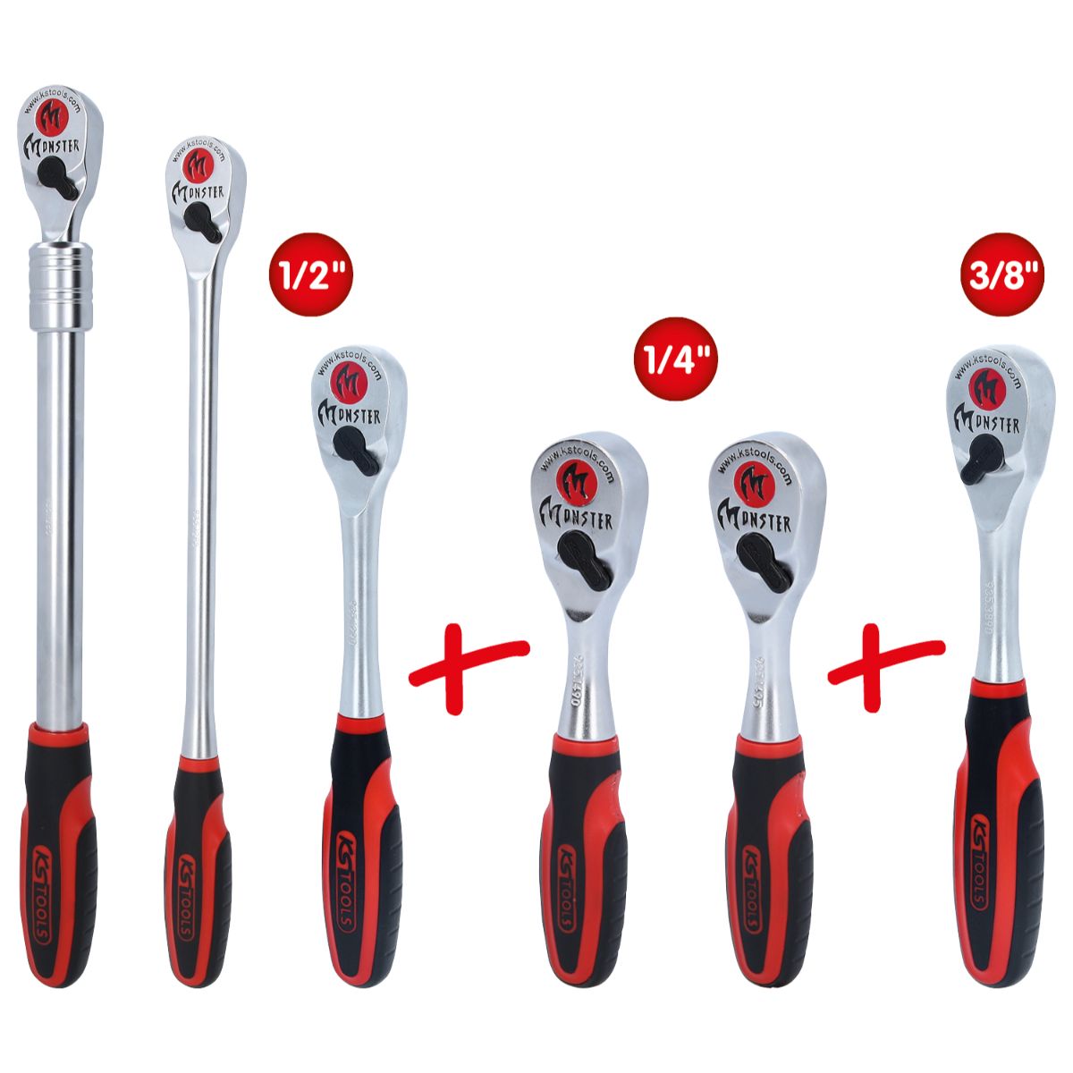 KS Tools Monster Umschaltknarren-Satz, 6-tlg 1/4" + 3/8" + 1/2"