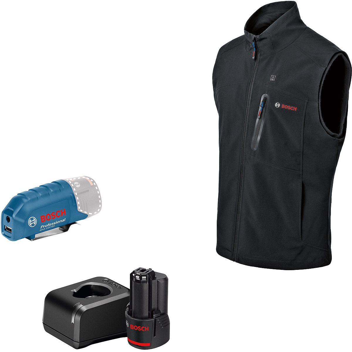 Bosch Beheizbare Weste GHV 12+18V XA, mit Akkuadapter, mit Ladegerät, mit 1x Akku (12V 2.0 Ah)