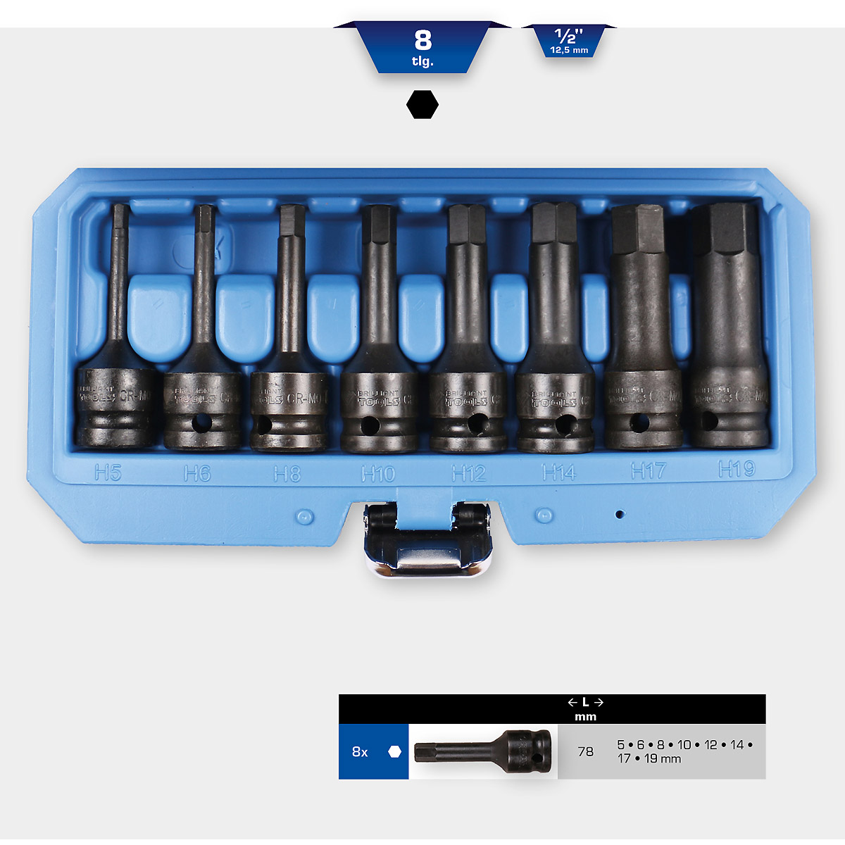 Brilliant Tools 1/2" Kraft-Bit-Stecknuss-Satz, Innensechskant, 8-tlg, 5 - 19 mm