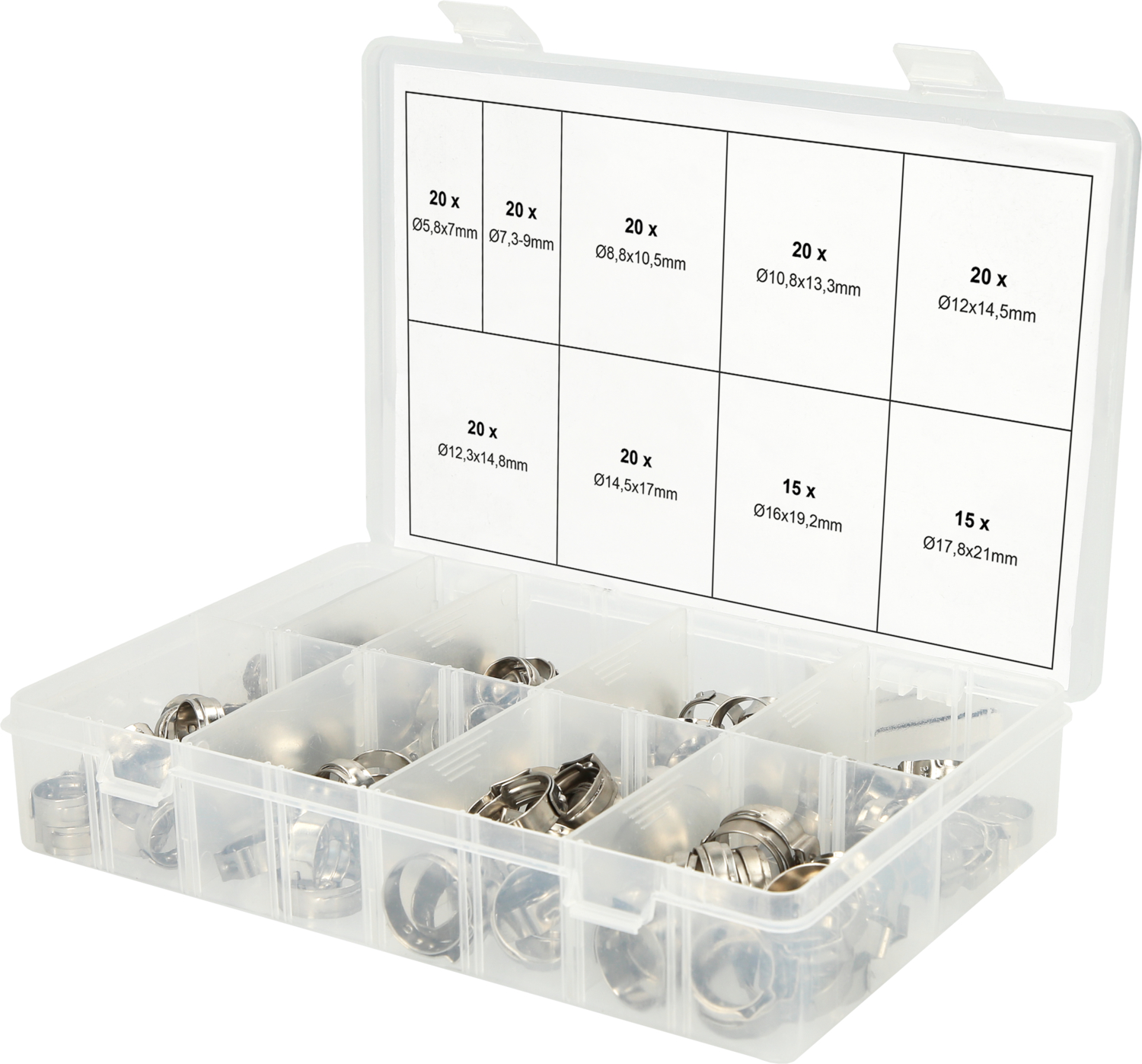 KS Tools Sortiment stufenlose 1-Ohr-Schlauchschellen, Ø 5,8-21mm, 170-tlg