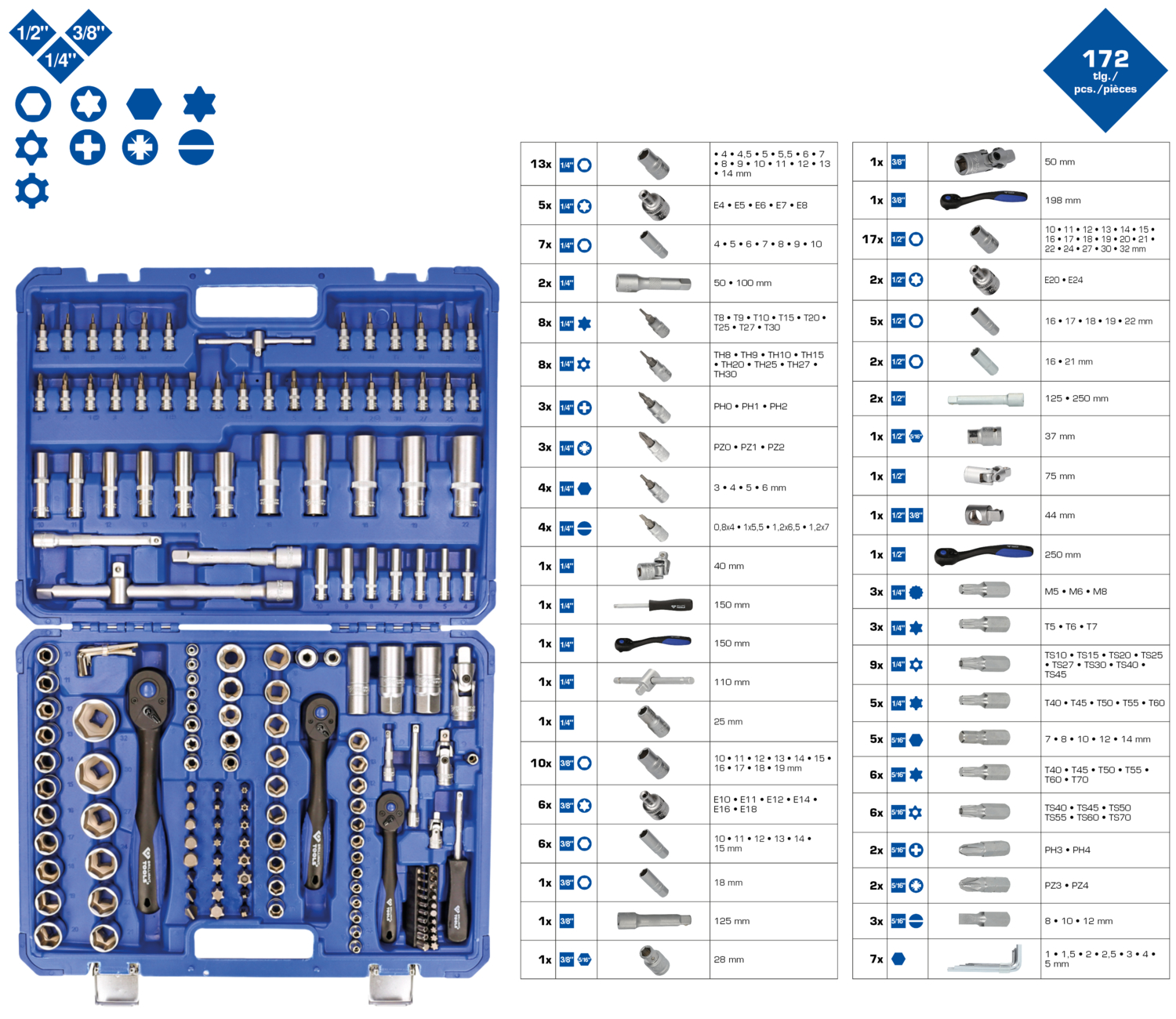 Brilliant Tools Steckschlüssel-Satz, 172-tlg, 1/4", 3/8", 1/2" - BT023172