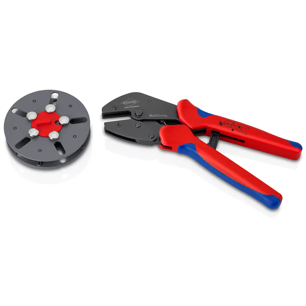 KNIPEX MultiCrimp Crimpzange mit Wechselmagazin, leer mit Mehrkomponenten-Hüllen brüniert 250 mm