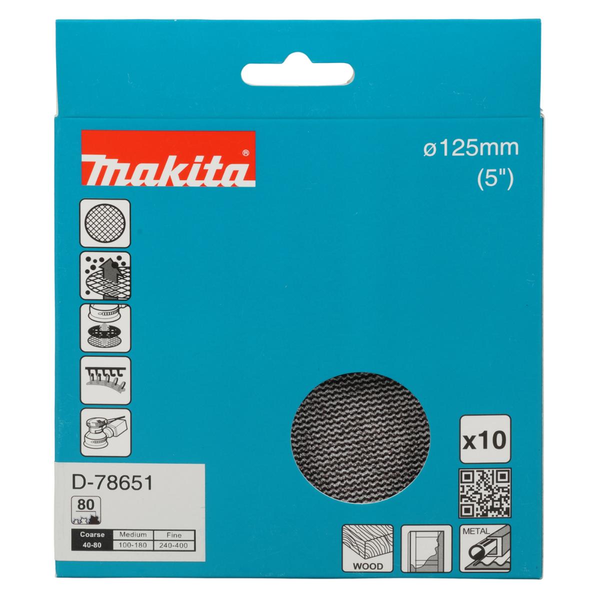 Makita Netzschleifmittel 125mm, Körnung A80,Klett, Gitter, 10 Stück