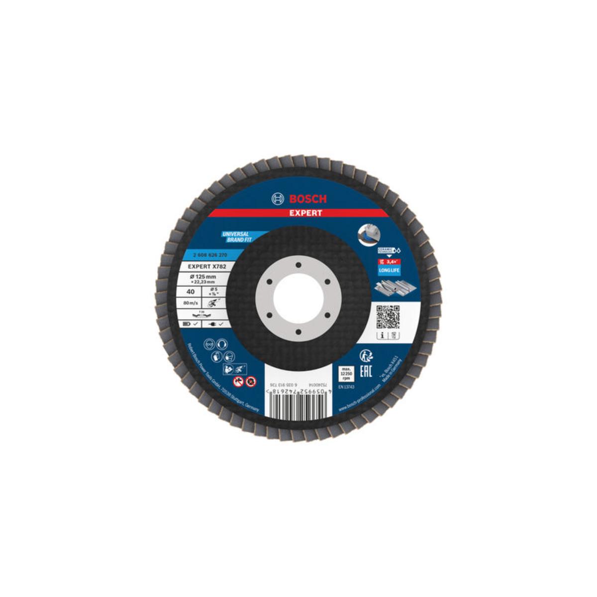 Bosch EXPERT X782 Fächerschleifscheibe, abgewinkelt, 125mm, K40, Bohrung 22,23mm,trimm